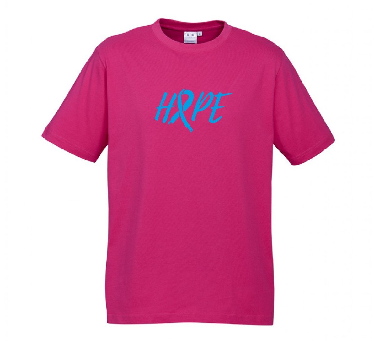 MENS Ice Cotton Hot Pink T-Shirt with Blue Hope Ribbon logo